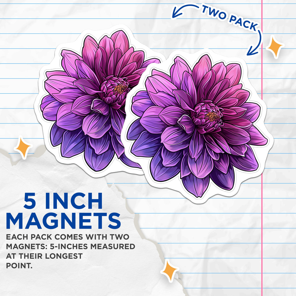 (2 Pack) Purple Dahlia Magnets - Vibrant Botanical Decor - Floral Aesthetic Office Magnets - 5 Inches On Longest Side - Thick Durable Magnet - Made in USA - MAG38496