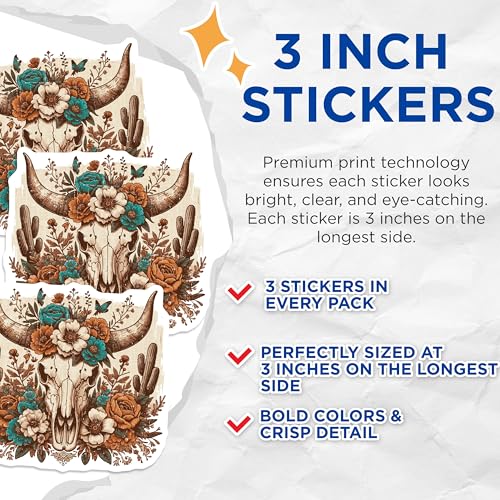 (3 Pack) Floral Bull Skull Decals - Western Boho Sticker - Cactus Laptop Decal - 3 Inches On Longest Side - Easy Peel & Apply - Made in USA - 3MCS2224