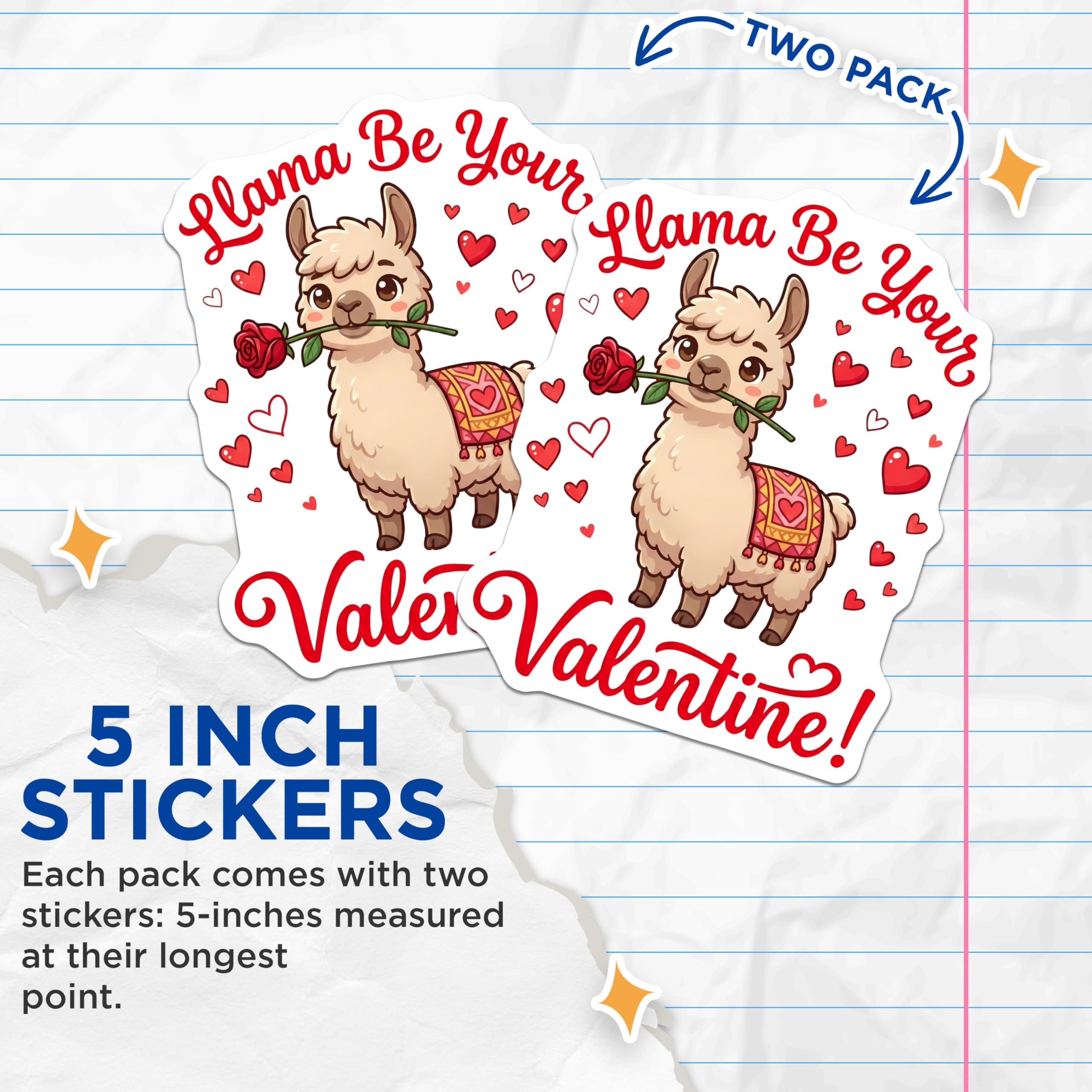 (2 Pack) Valentine Llama Stickers - Cute Animal Stickers - Llama Be Your Valentine- 5" On Longest Side - Sticks to Smooth Flat Surfaces - Made in USA - BMCS16422