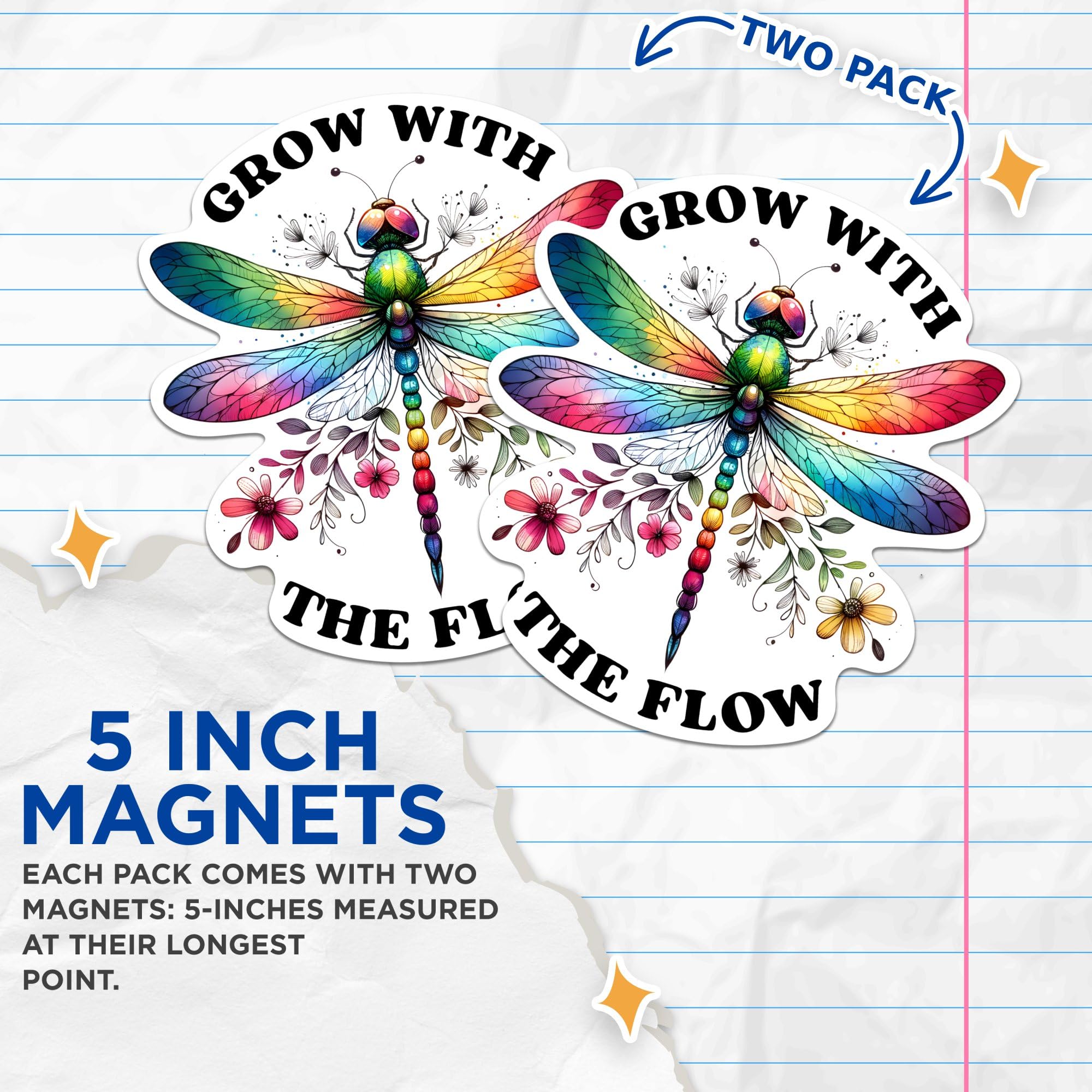 (2 Pack) Grow with The Flow Magnets - Rainbow DragonFly Spiritual Inspiring Magnet - 5" On Longest Side - Premium Magnet - for Cars, Refrigerators, Toolboxes, Lockers - Made in USA - MAG0539