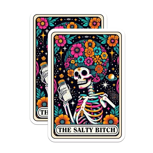 (2 Pack) Salty Bitch Skeleton Stickers - Floral Skull Stickers - Humorous Skeleton Art - Skeleton with Flowers Decal - 5" On Longest Side - Sticks to Smooth Flat Surfaces - Made in USA - BMCS4681