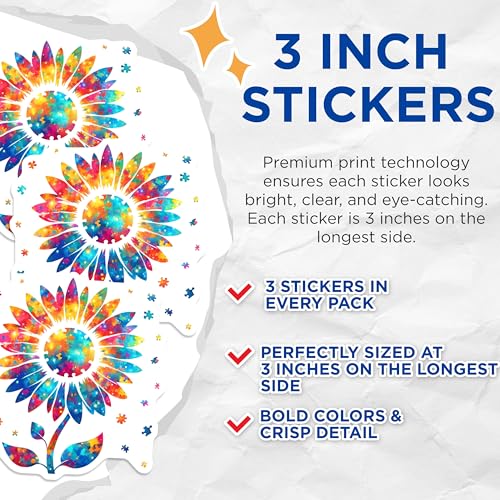 (3 Pack) Sunflower Puzzle Decals - Colorful Flower Stickers - Laptop Decals - 3 Inches On Longest Side - Easy Peel & Apply - Made in USA - 3MCS6657