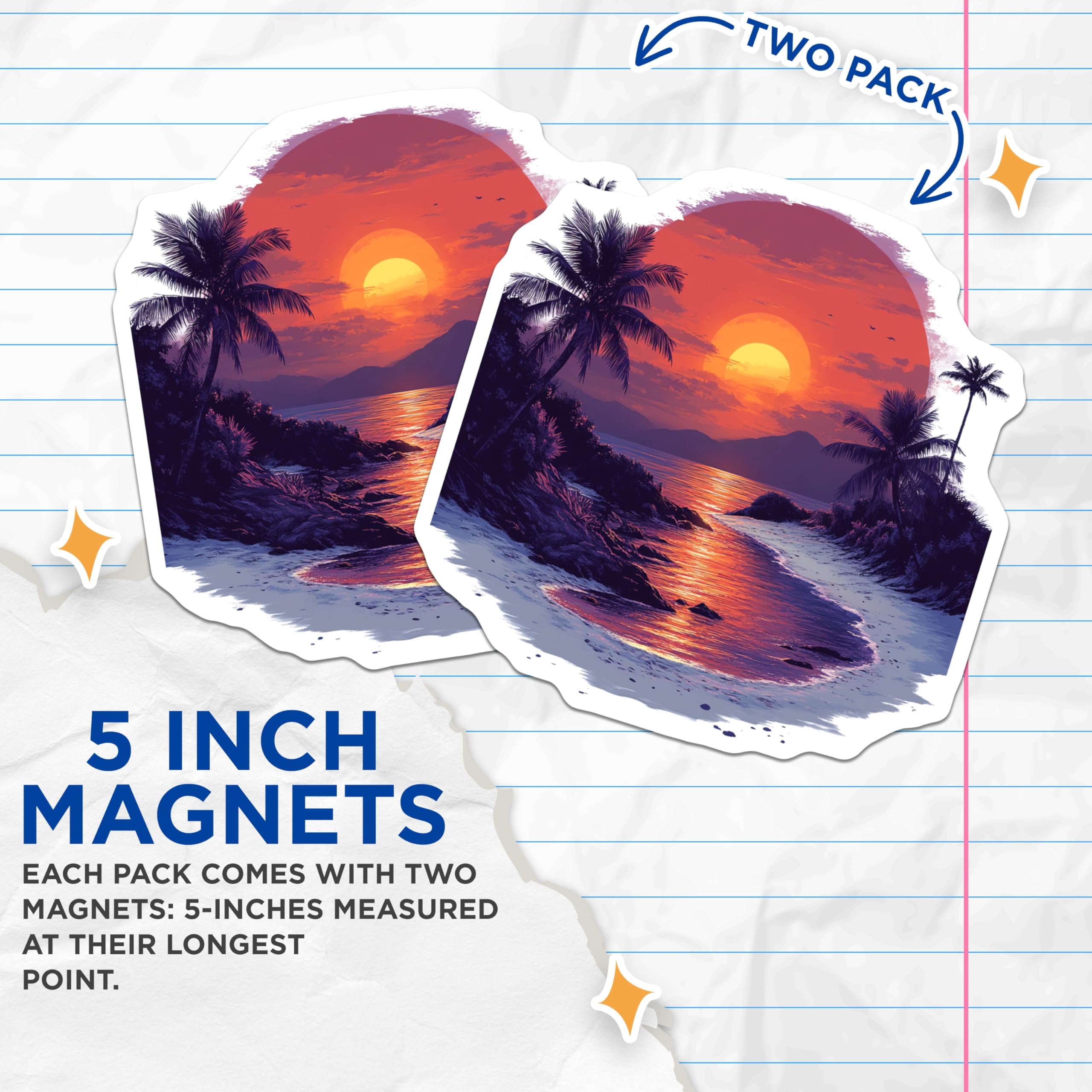 (2 Pack) Tropical Sunset Magnets - Beach Ocean View - Aesthetic Palm Tree Vacation Decor - 5 Inches On Longest Side - Thick Durable Magnet - Made in USA - MAG25714