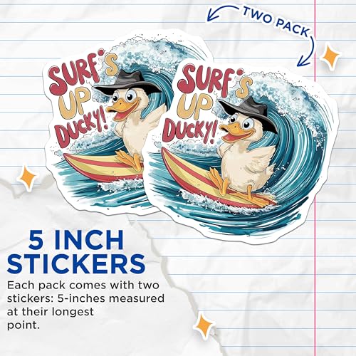 (2 Pack) Surf's Up Ducky Stickers - Cute Duck Decal - Cartoon Water Sports Decor - 5" On Longest Side - Sticks to Smooth Flat Surfaces - Made in USA - BMCS8509