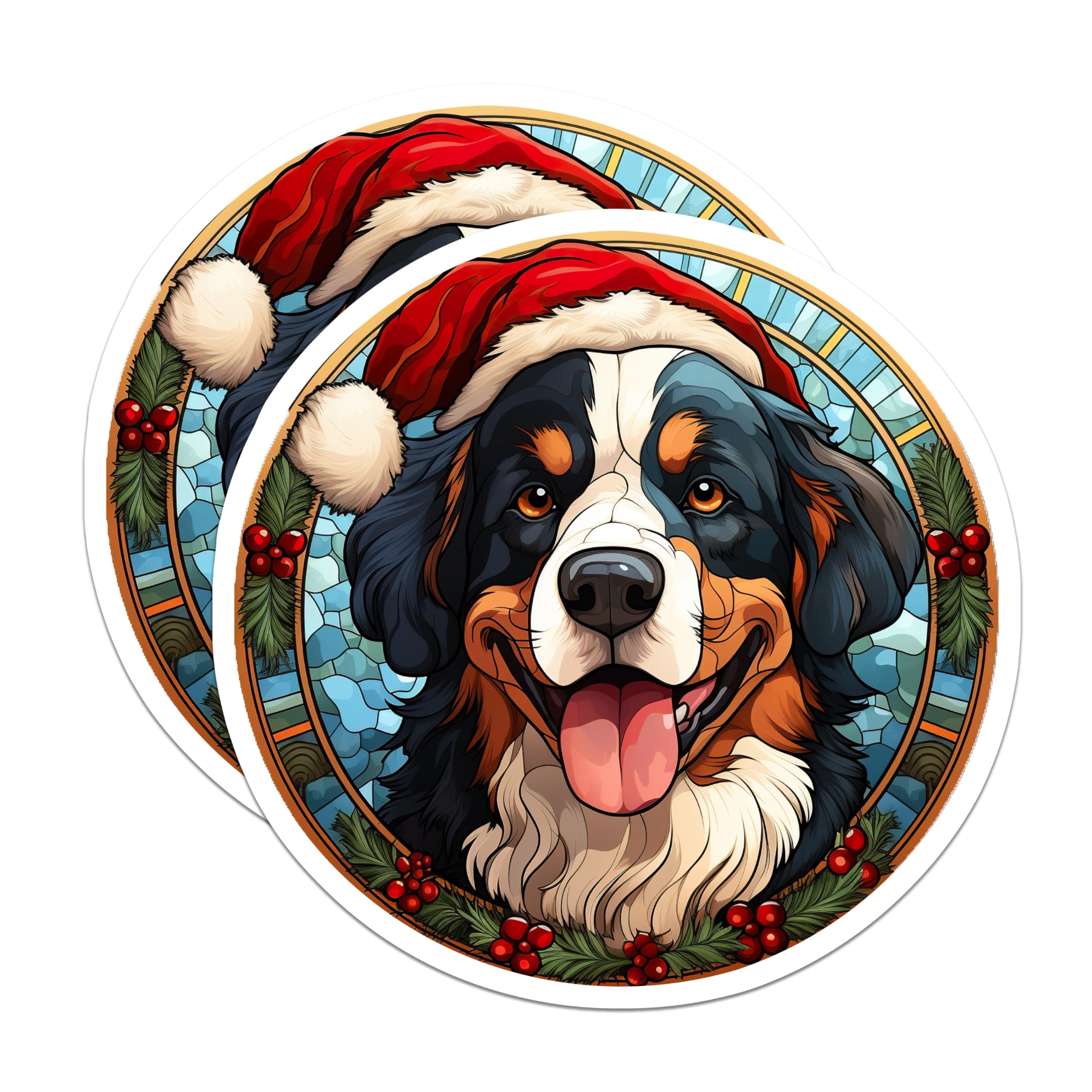 (2 Pack) Bernese Mountain Dog Christmas Magnets - Santa Dog Stained Glass Fridge Decor - Happy Winter Pet Lover - 5 Inches On Longest Side - Thick Durable Magnet - Made in USA - MAG28518
