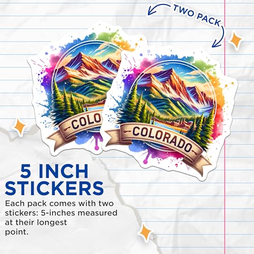 (2 Pack) Colorado Mountains Stickers - Outdoor Adventure - Colorful Nature - 5" On Longest Side - Sticks to Smooth Flat Surfaces - Made in USA - BMCS6772