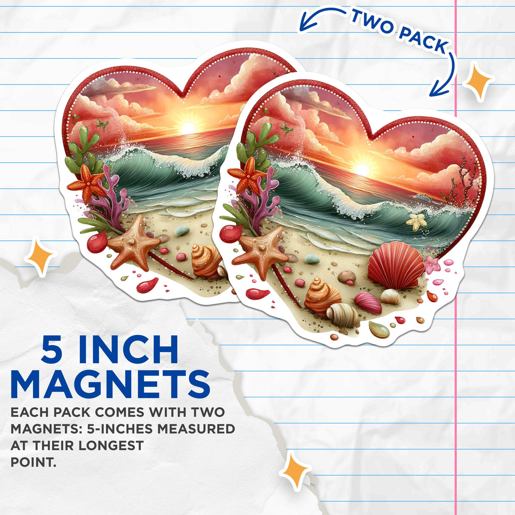 (2 Pack) Coastal Sunset Magnets - Ocean Beach Decor - Heart Shaped Seashell Starfish Magnet - 5 Inches On Longest Side - Thick Durable Magnet - Made in USA - MAG37713