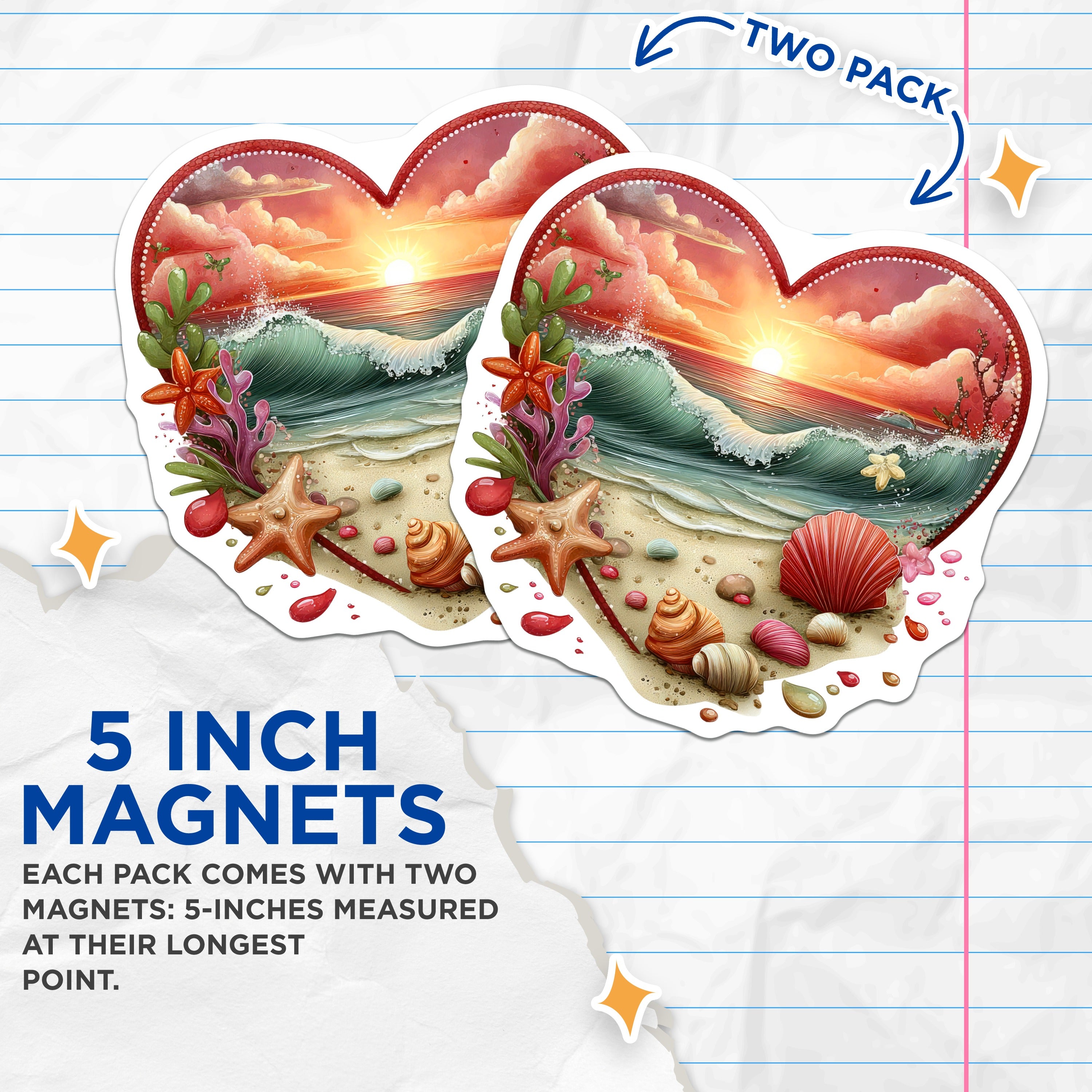 (2 Pack) Coastal Sunset Magnets - Ocean Beach Decor - Heart Shaped Seashell Starfish Magnet - 5 Inches On Longest Side - Thick Durable Magnet - Made in USA - MAG37713
