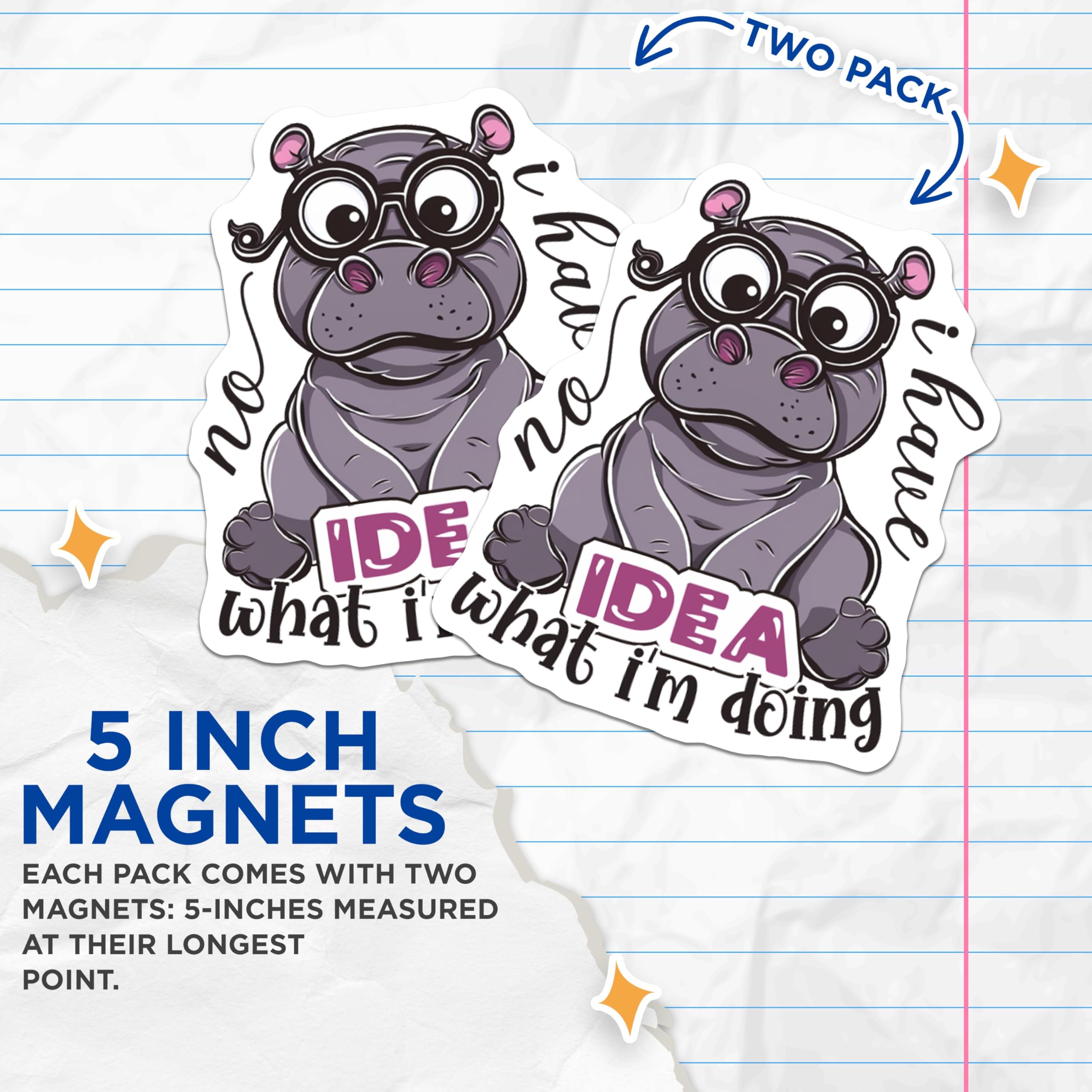 (2 Pack) Funny Hippo Magnets - No Idea What I'm Doing Magnets - Humorous Animal Magnets - Cute Hippo - 5" On Longest Side - for Cars, Fridges, Toolboxes - Made in USA - MAG4376