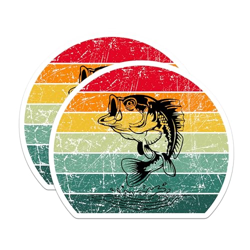 (2 Pack) Fishing Stickers - Bass Fish Decal - Retro Bass Fishing Vinyl Stickers - Outdoor Hobbies Stickers - 5" On Longest Side - Sticks to Smooth Flat Surfaces - Made in USA - BMCS4881