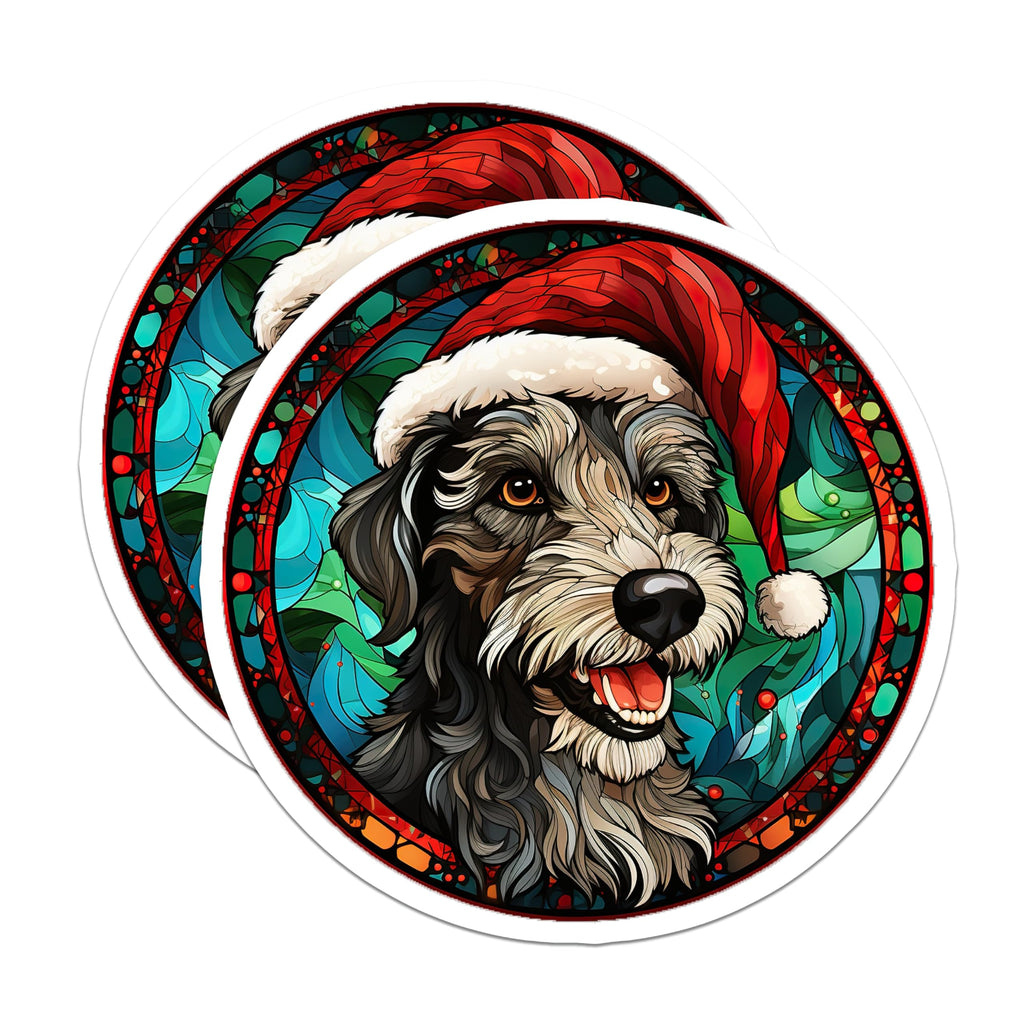 (2 Pack) Festive Christmas Dog Magnets for Refrigerator - Santa Hat Terrier Stained Glass Art - Merry Holiday Puppy Pet Decor - 5 Inches On Longest Side - Thick Durable Magnet - Made in USA - MAG24945