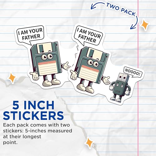 (2 Pack) Funny Tech Joke Stickers - Nerdy Computer Humor - Floppy Disk and USB Memes - 5" On Longest Side - Sticks to Smooth Flat Surfaces - Made in USA - BMCS7422