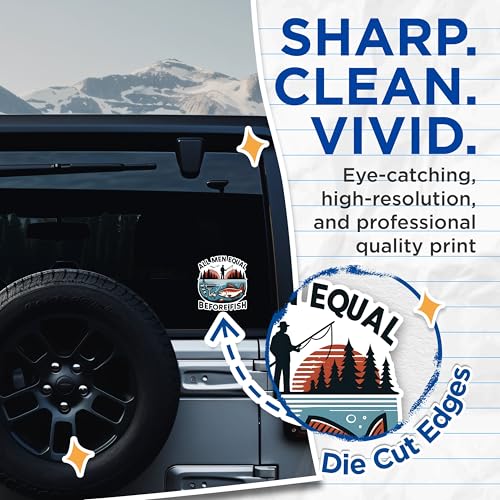 (2 Pack) Fishing Quote Stickers - All Men Equal Fishing Decals - Funny Fishing Adventure Stickers - 5" On Longest Side - Sticks to Any Smooth Flat Surface - Made in USA - BMCS2636