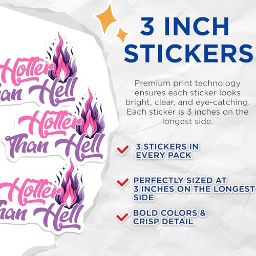 (3 Pack) Hotter Than Hell Decals - Funny Quote - Sarcastic Stickers - 3 Inches On Longest Side - Easy Peel & Apply - Made in USA - 3MCS7107