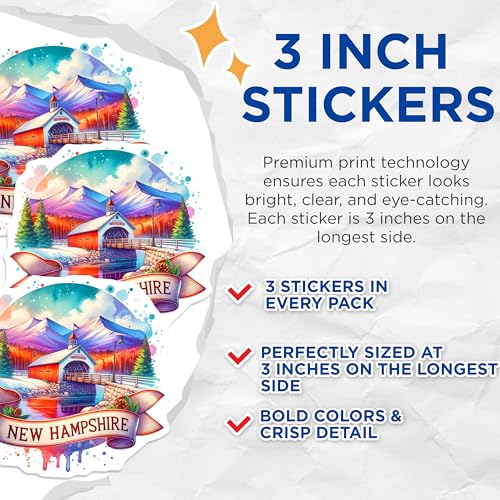 (3 Pack) New Hampshire Decals - Covered Bridge Art - Laptop Decal - State Pride- 3 Inches On Longest Side - Easy Peel & Apply - Made in USA - 3MCS5636