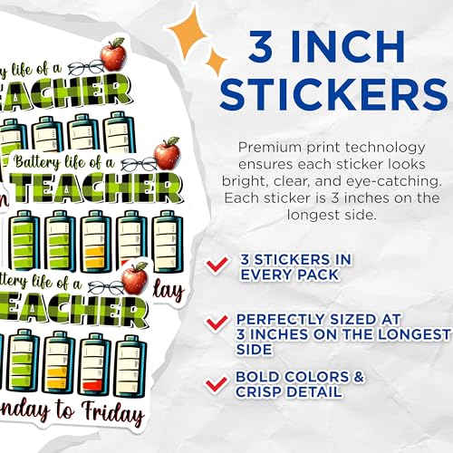 (3 Pack) Teacher Battery Life Decals - School Stickers - Educator Apple Glasses - 3 Inches On Longest Side - Easy Peel & Apply - Made in USA - 3MCS6807