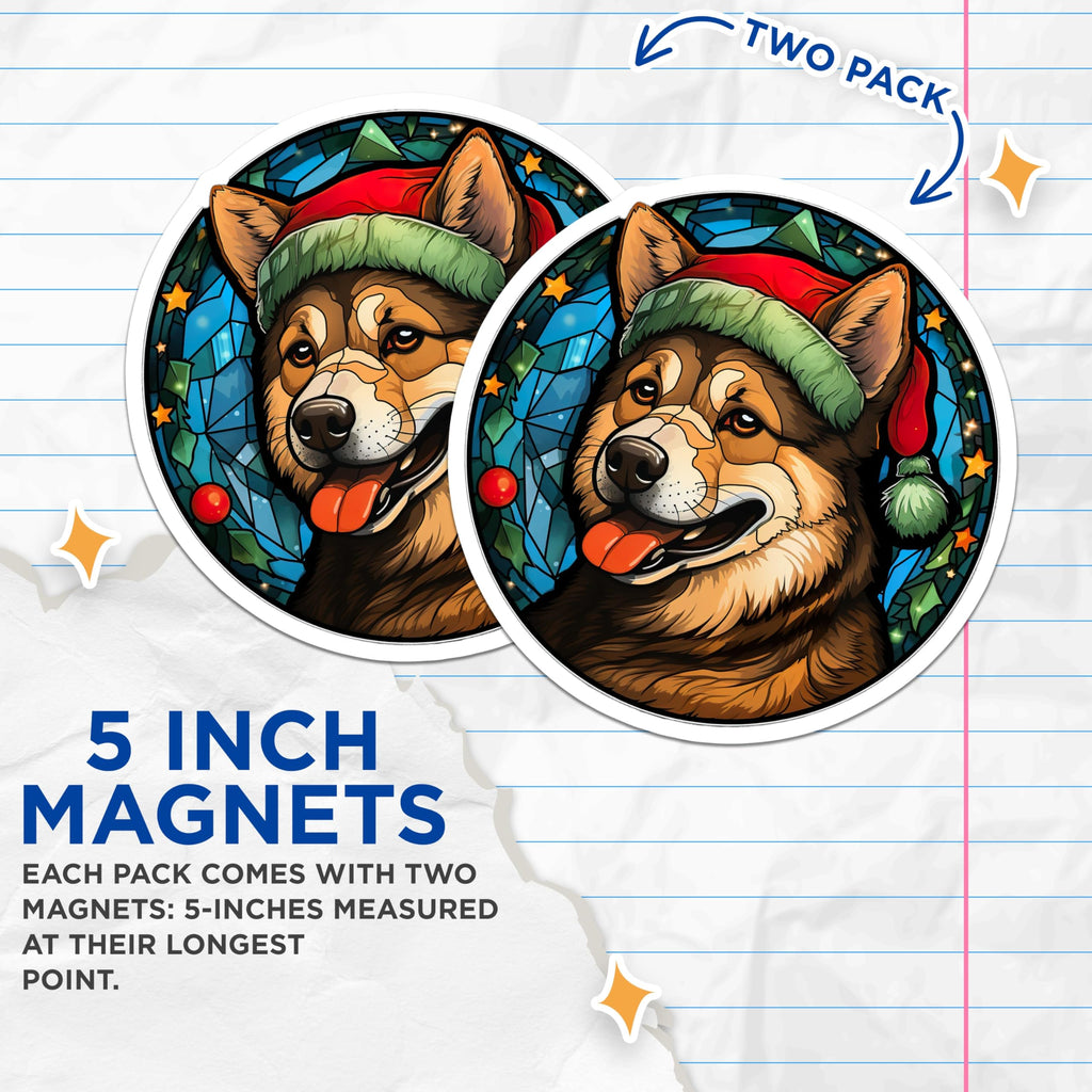 (2 Pack) Christmas Dog Magnets - Santa Hat Pet Decor - Stained Glass Holiday Magnet - 5 Inches On Longest Side - Thick Durable Magnet - Made in USA - MAG25102