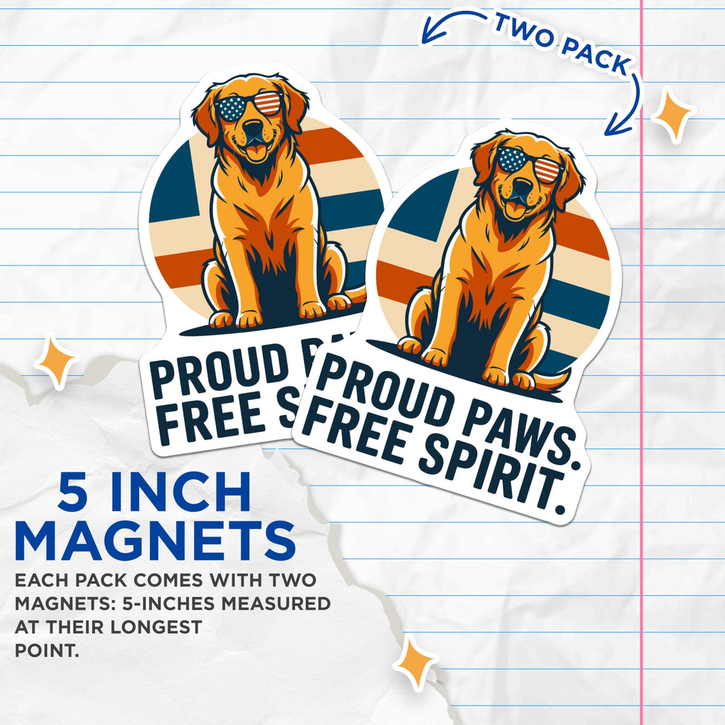 (2 Pack) Golden Retriever Magnets - Patriotic Dog Lover - American Flag Decor - Proud Paws Free Spirit - 5 Inches On Longest Side - Thick Durable Magnet - Made in USA - MAG28214