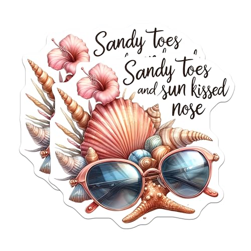 (2 Pack) Sandy Toes and Sun Kissed Nose Stickers - Beach Vibes - Summer Sunglasses Sticker - 5" On Longest Side - Sticks to Smooth Flat Surfaces - Made in USA - BMCS9284