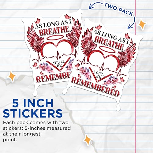 (2 Pack) As Long As I Breathe Youll Be Remembered Stickers - Heart Wings - Memorial - 5" On Longest Side - Sticks to Smooth Flat Surfaces - Made in USA - BMCS6131