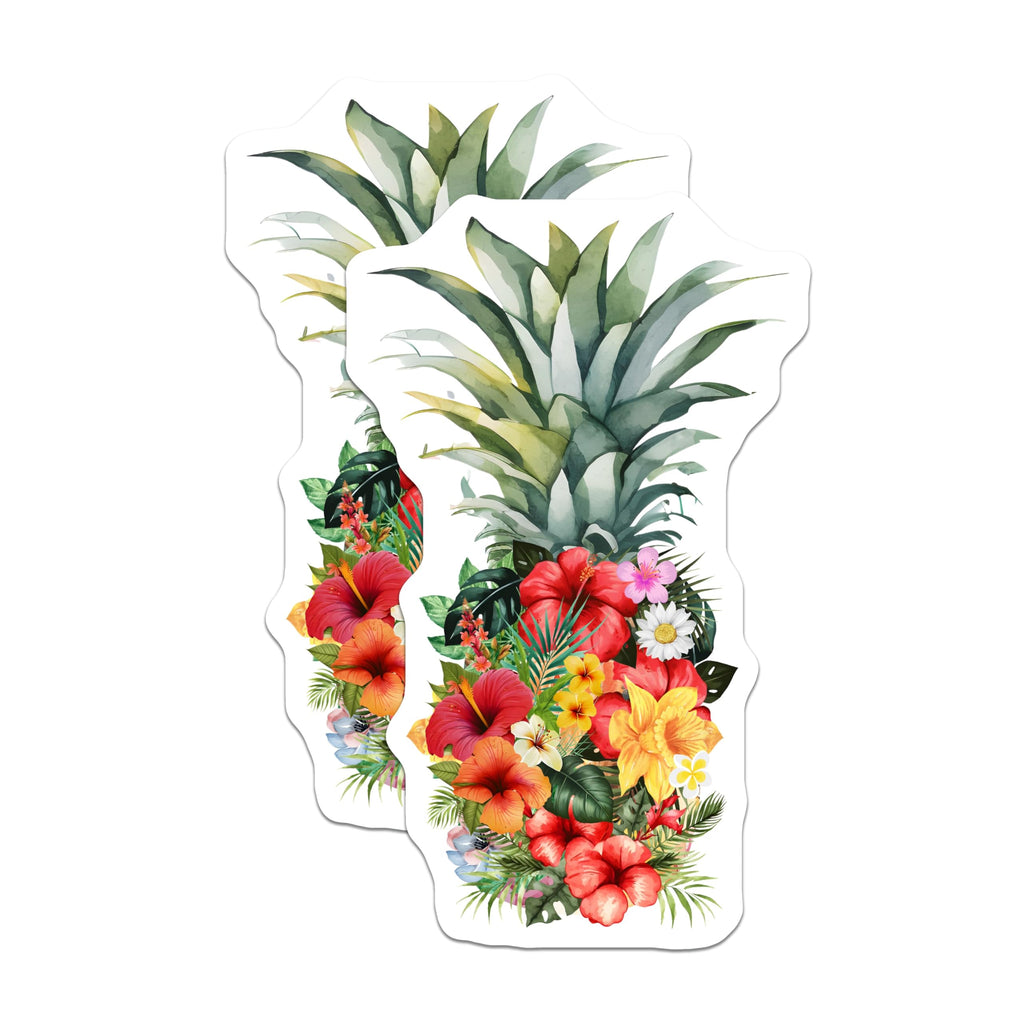 (2 Pack) Tropical Pineapple Magnets - Hibiscus Floral Decor - Exotic Botanical Art - 5 Inches On Longest Side - Thick Durable Magnet - Made in USA - MAG21144