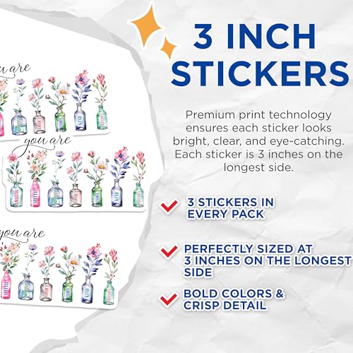 (3 Pack) Floral Vases Decals - Inspirational Words - Positive Affirmations - 3 Inches On Longest Side - Easy Peel & Apply - Made in USA - 3MCS7349