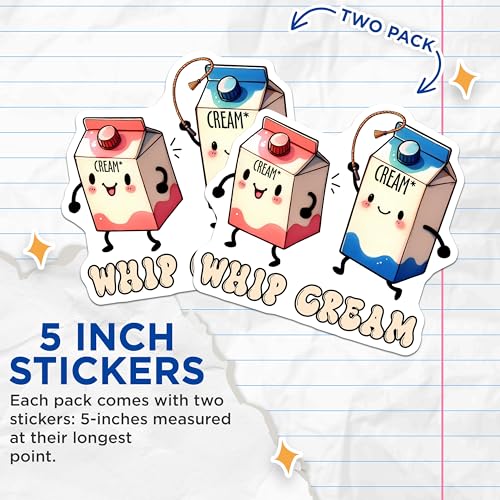 (2 Pack) Whip Cream Stickers - Cute Kawaii Milk Carton - Fun Kitchen Art - 5" On Longest Side - Sticks to Smooth Flat Surfaces - Made in USA - BMCS7593