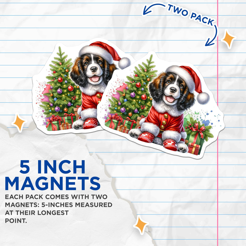 (2 Pack) Cute Christmas Dog Magnets - Santa Puppy Decor - Holiday Kitchen Refrigerator Art - 5 Inches On Longest Side - Thick Durable Magnet - Made in USA - MAG27350