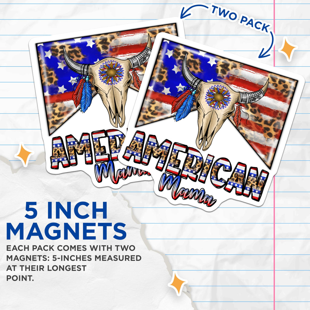 (2 Pack) American Mama Magnets - Patriotic Skull Art - Western Country Decor - 5 Inches On Longest Side - Thick Durable Magnet - Made in USA - MAG25795