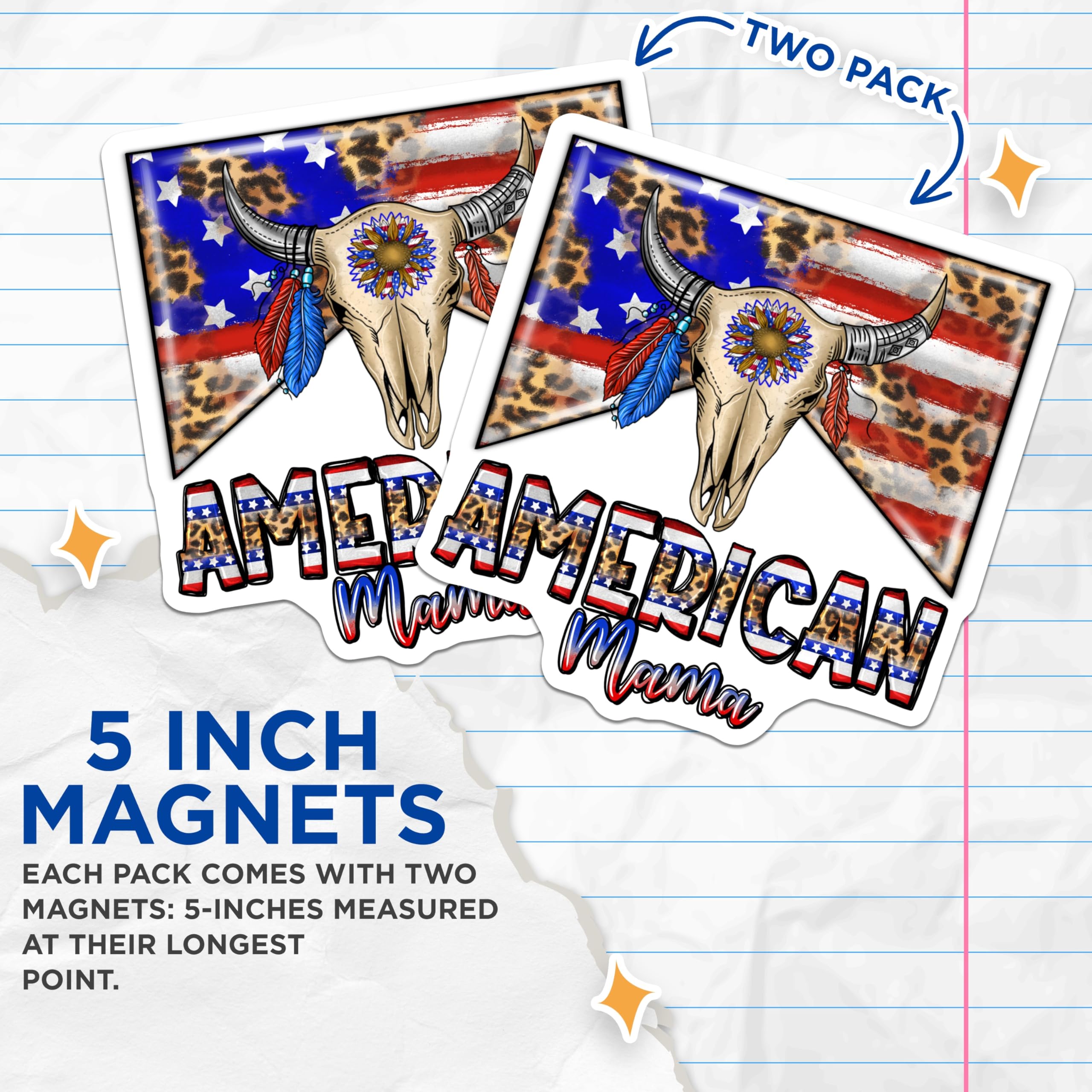 (2 Pack) American Mama Magnets - Patriotic Skull Art - Western Country Decor - 5 Inches On Longest Side - Thick Durable Magnet - Made in USA - MAG25795