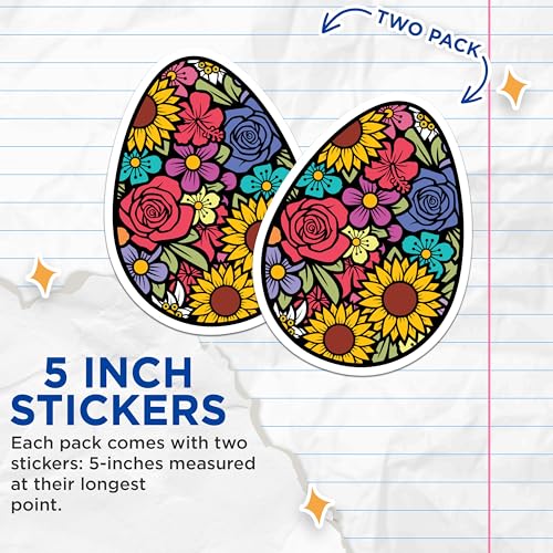 (2 Pack) Flower Egg Stickers - Floral Design - Colorful Flower Decals - 5" On Longest Side - Sticks to Smooth Flat Surfaces - Made in USA - BMCS6076
