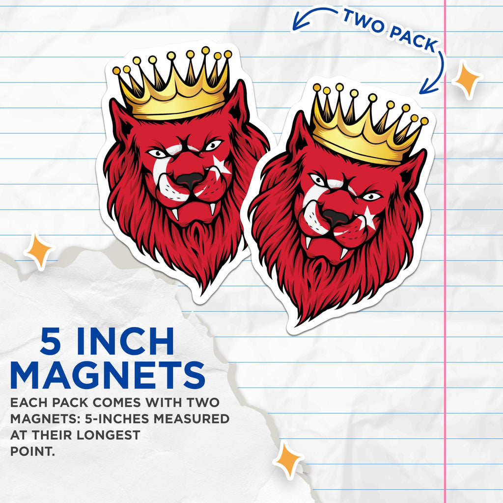 (2 Pack) Turkish Lion Magnets - Turkey Flag Art - Crowned Animal Decor - 5" On Longest Side - Premium Magnet - for Cars, Refrigerators, Toolboxes, Lockers - Made in USA - MAG17961