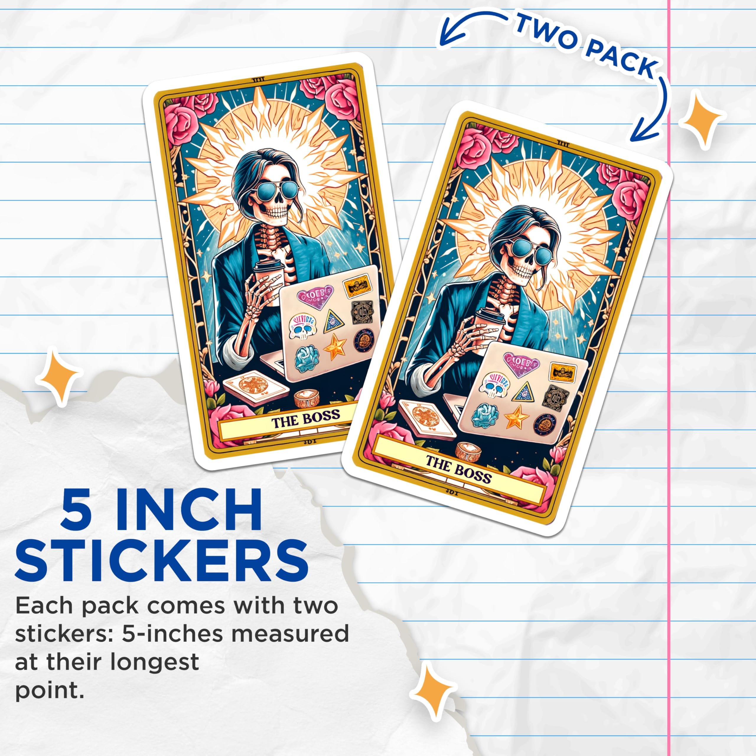 (2 Pack) The Boss Skeleton Stickers - Tarot Card Major Arcana - Cool Entrepreneur Aesthetic - 5" On Longest Side - Sticks to Smooth Flat Surfaces - Made in USA - BMCS21941