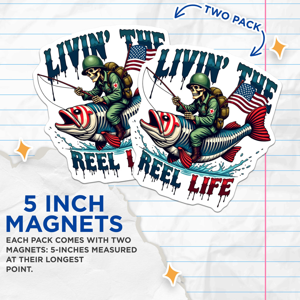 (2 Pack) Livin The Reel Life Magnets - Patriotic Fishing Skeleton - Military Veteran Angler Fridge Decor - 5 Inches On Longest Side - Thick Durable Magnet - Made in USA - MAG36073