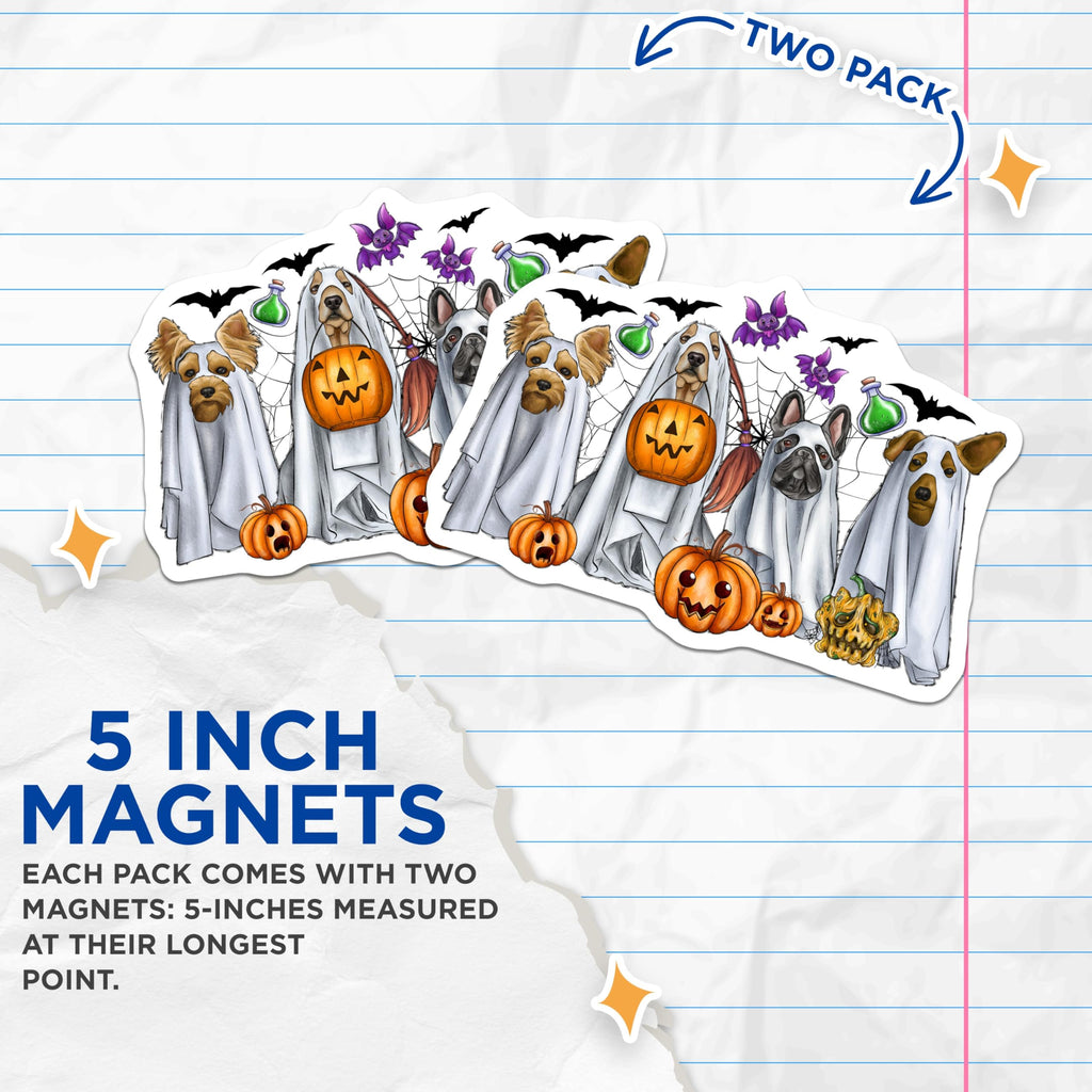 (2 Pack) Ghost Dog Halloween Magnets - Spooky Pet Decor - Animal Lover Fridge - French Bulldog Yorkshire Terrier Basset Hound - 5 Inches On Longest Side - Thick Durable Magnet - Made in USA - MAG27923