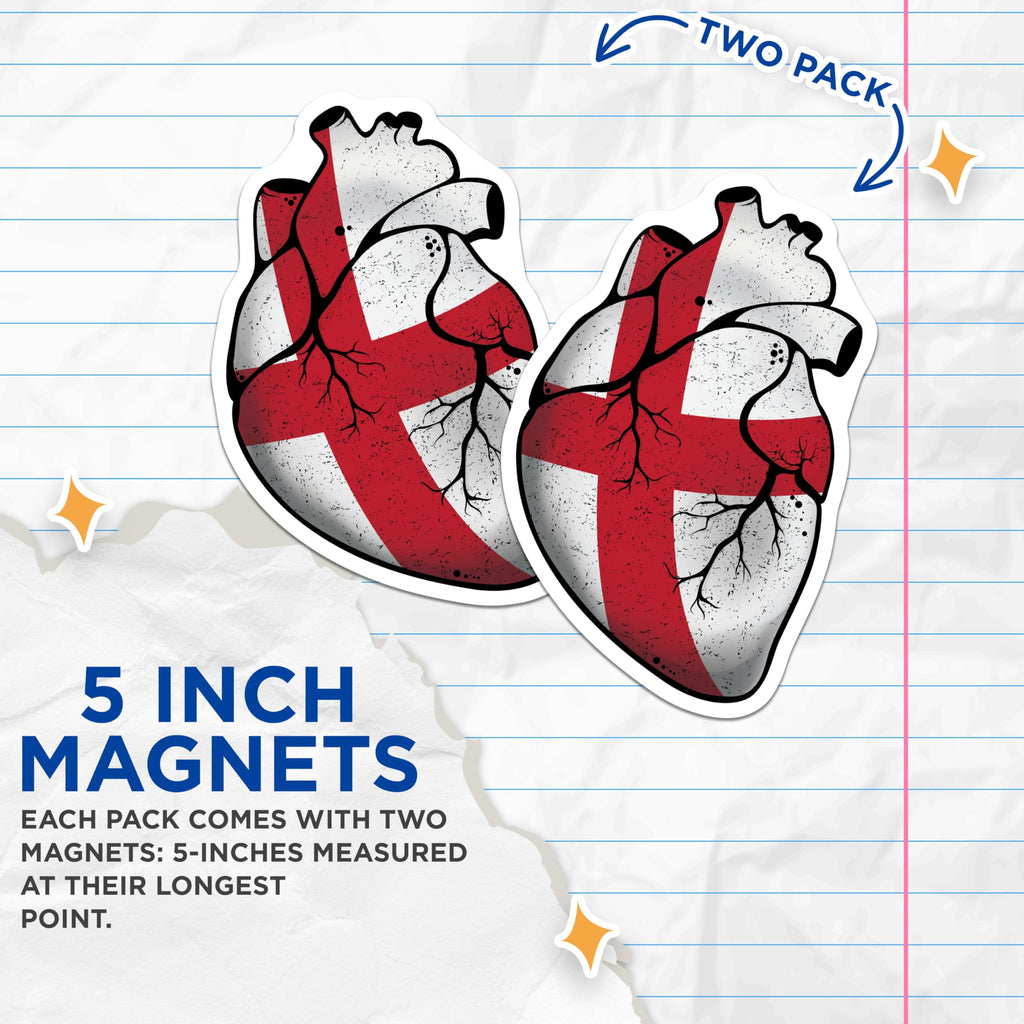 (2 Pack) England Flag Heart Magnets - English Pride Decor - St George Cross Magnet - 5" On Longest Side - Premium Magnet - for Cars, Refrigerators, Toolboxes, Lockers - Made in USA - MAG18548