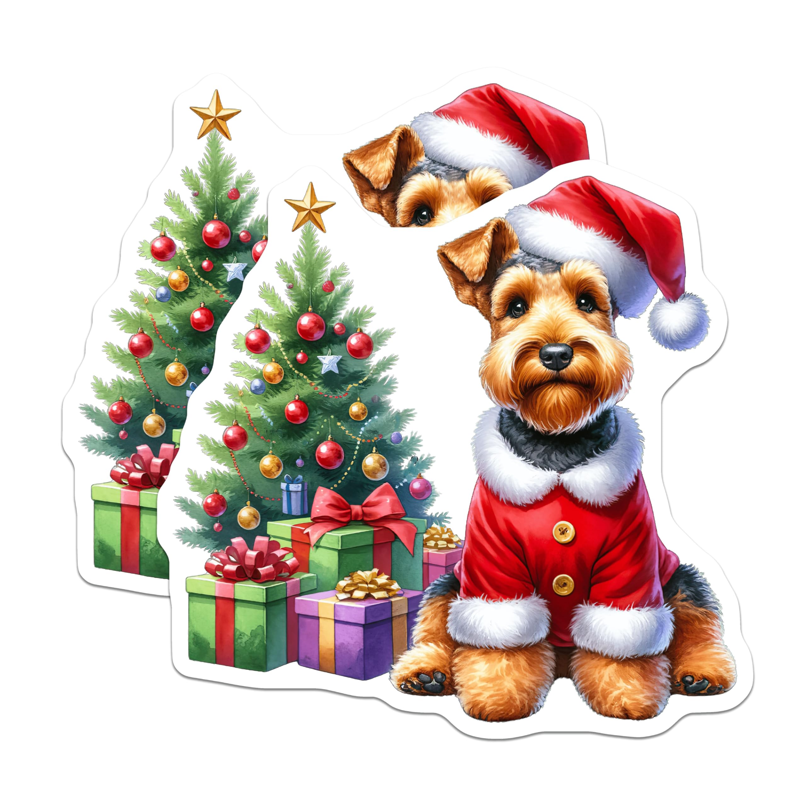 (2 Pack) Christmas Terrier Dog Magnets - Santa Puppy Fridge Decor - Holiday Pet Canine Scene - 5 Inches On Longest Side - Thick Durable Magnet - Made in USA - MAG23301