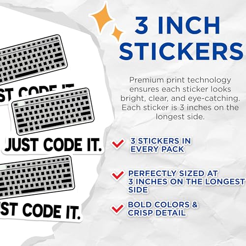 (3 Pack) Just Code It Decals - Keyboard Programmer Decals - Coding Laptop Stickers - 3 Inches On Longest Side - Easy Peel & Apply - Made in USA - 3MCS6192
