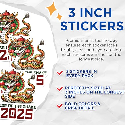 (3 Pack) Year of The Snake 2025 Decals - Chinese Zodiac - Lunar New Year - 3 Inches On Longest Side - Easy Peel & Apply - Made in USA - 3MCS4944
