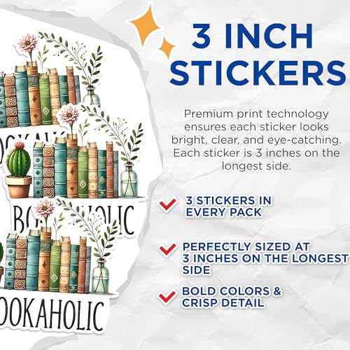 (3 Pack) Bookaholic Decals - Reading Stickers - Plant and Cactus Stickers - 3 Inches On Longest Side - Easy Peel & Apply - Made in USA - 3MCS1572