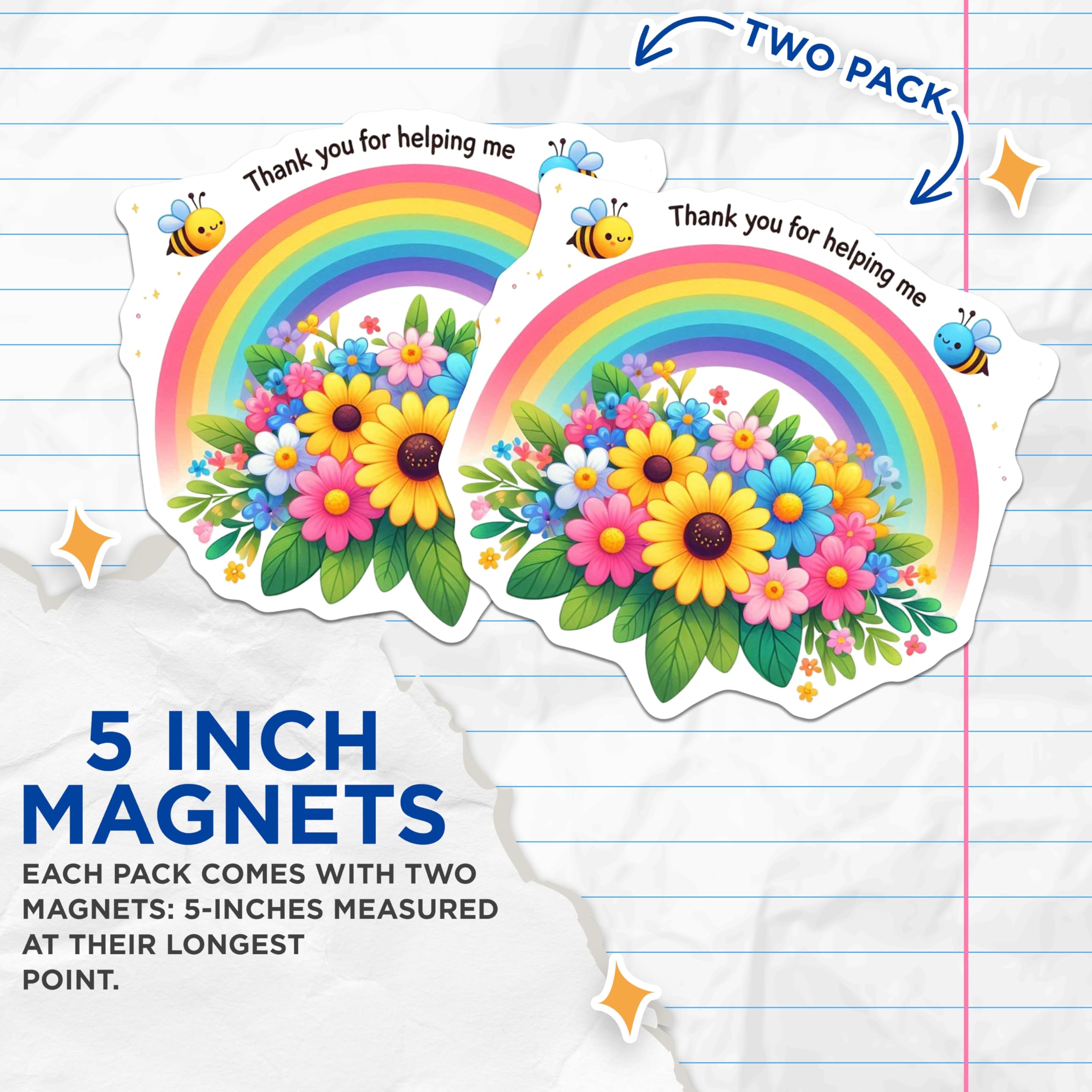 (2 Pack) Rainbow Bee Magnets - Thank You Helping - Floral Fridge Decorations - 5" On Longest Side - Premium Magnet - for Cars, Refrigerators, Toolboxes, Lockers - Made in USA - MAG14248