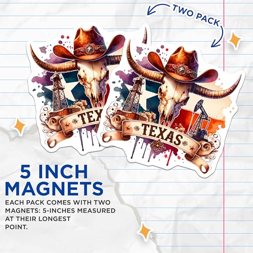 (2 Pack) Texas State Symbol Magnets - Longhorn Skull Art - Rustic Western Decor Magnets - 5" On Longest Side - for Cars, Fridges, Toolboxes - Made in USA - MAG6877