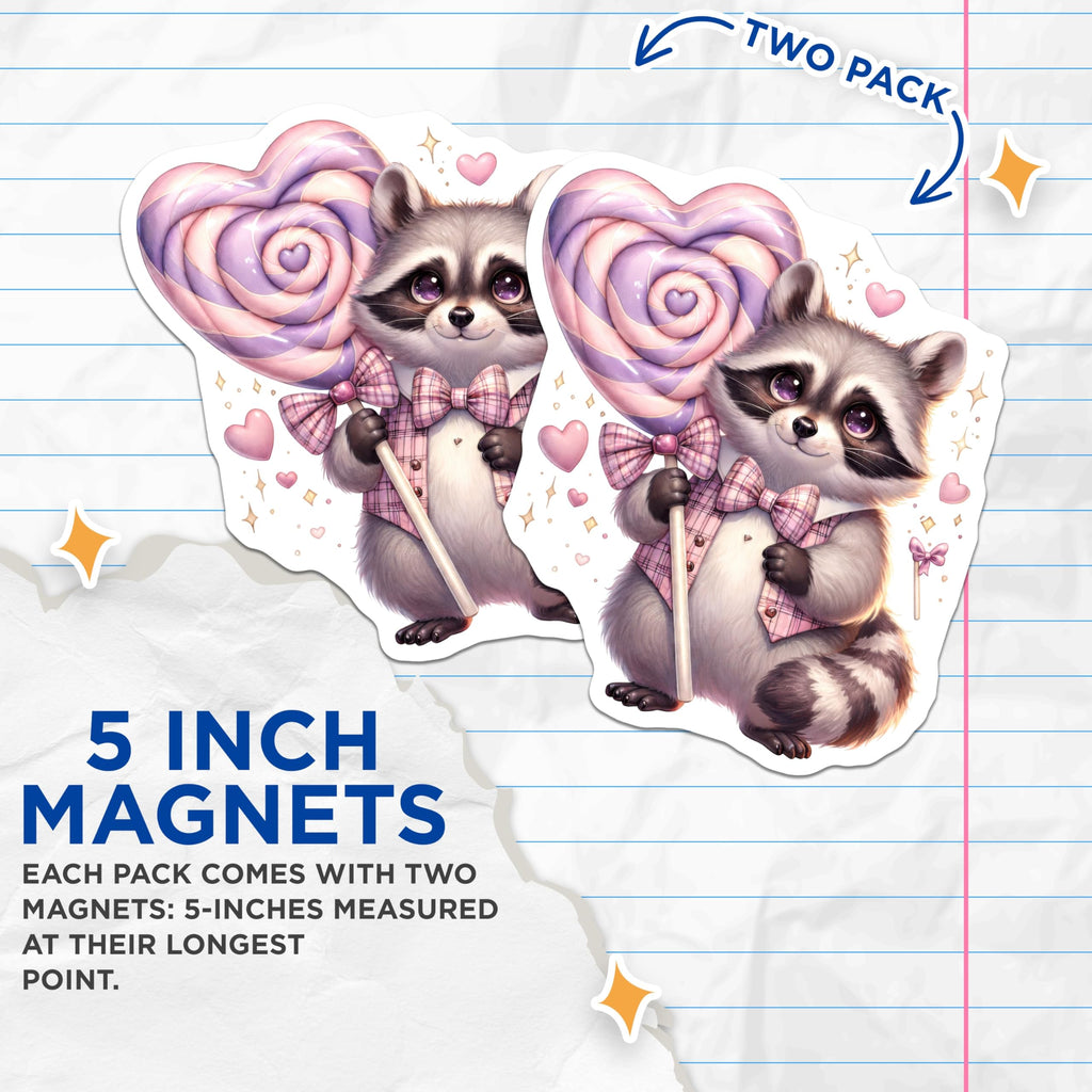 (2 Pack) Raccoon Magnets - Heart Lollipop - Sweet Animal Decor - 5 Inches On Longest Side - Thick Durable Magnet - Made in USA - MAG20167