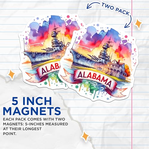 (2 Pack) Alabama Battleship Magnets - Historical Landmark - 5" On Longest Side - for Cars, Fridges, Toolboxes - Made in USA - MAG6771