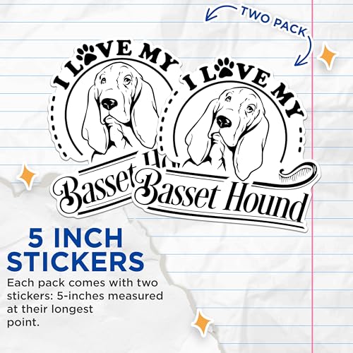 (2 Pack) Dog Lover Stickers - Basset Hound Stickers - Dog Owner Decals - 5" On Longest Side - Sticks to Any Smooth Flat Surface - Made in USA - BMCS2963
