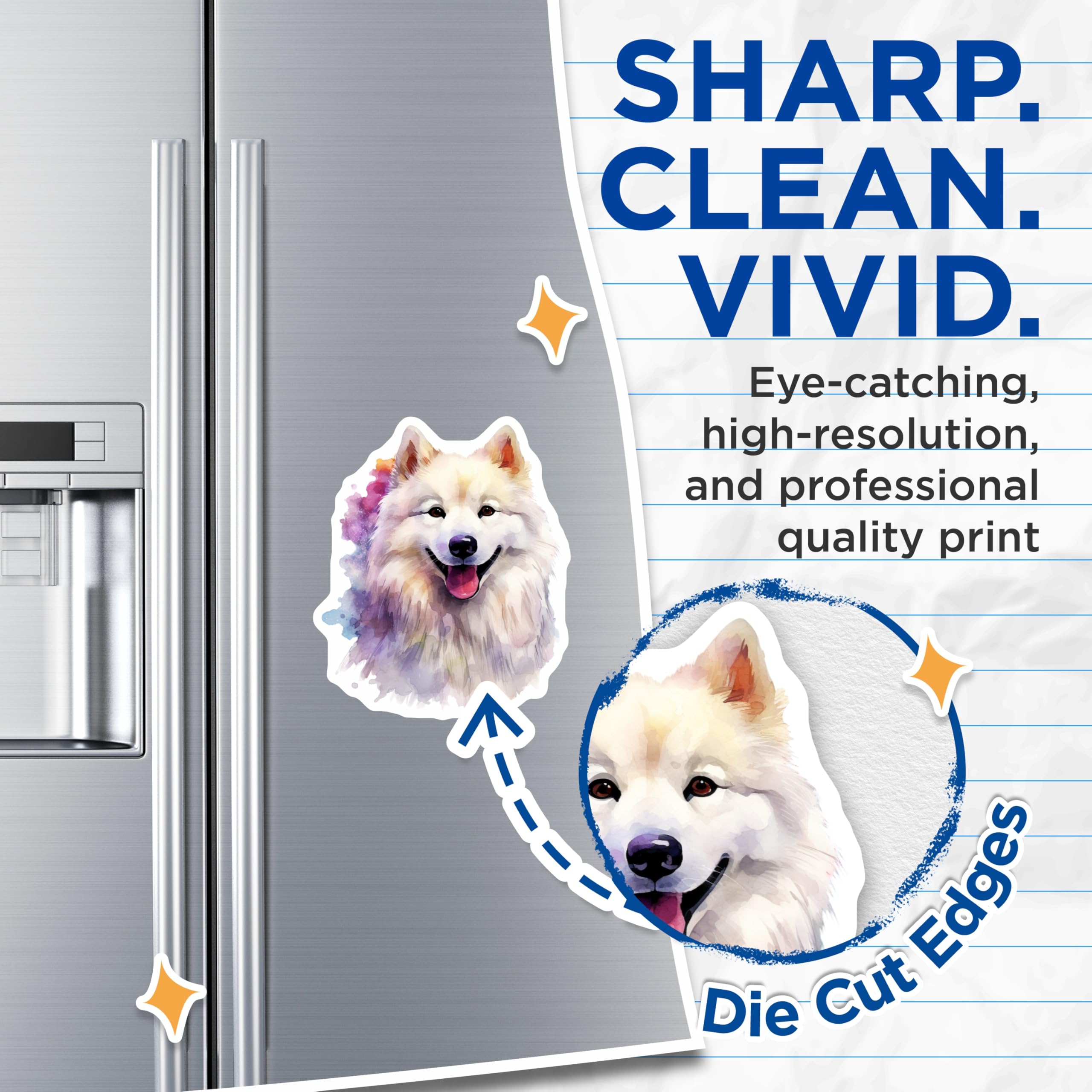 (2 Pack) Samoyed Dog Magnets - Watercolor Pet Art - Happy Dog Lover Decor - Fluffy White Dog Fridge - 5 Inches On Longest Side - Thick Durable Magnet - Made in USA - MAG29590