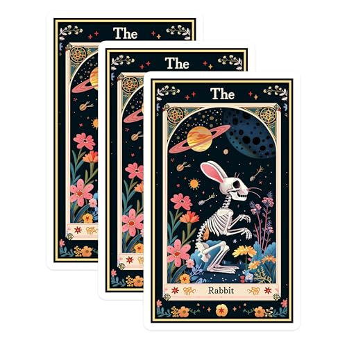 (3 Pack) Rabbit Tarot Decals - Skeleton Bunny Sticker - Celestial Laptop Decal - 3 Inches On Longest Side - Easy Peel & Apply - Made in USA - 3MCS2405
