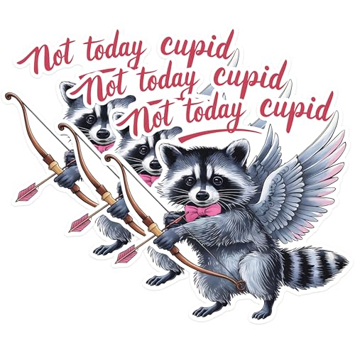 (3 Pack) Not Today Cupid Decals - Valentine Raccoon with Bow Arrow - Funny Cupid - 3 Inches On Longest Side - Easy Peel & Apply - Made in USA - 3MCS1803