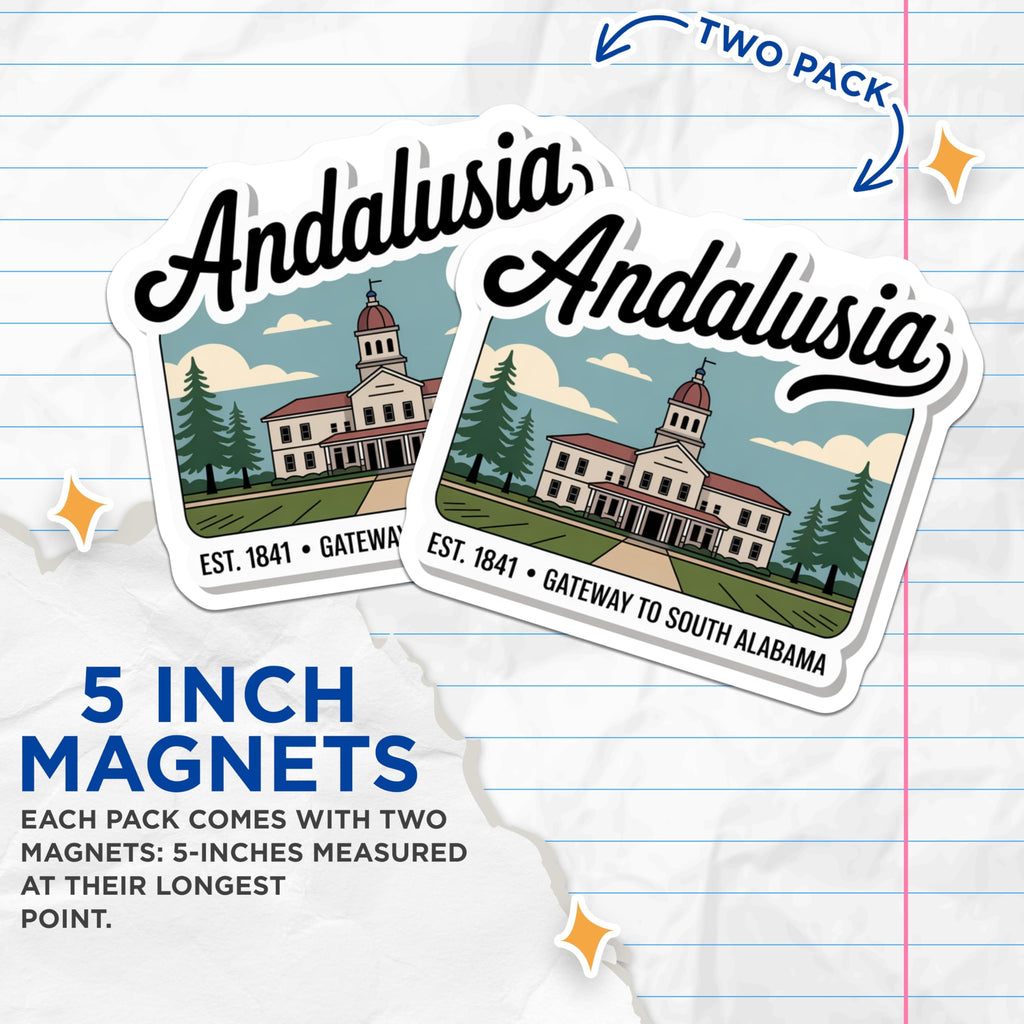 (2 Pack) Andalusia Magnets - Alabama Travel Souvenir - South Alabama Decor - 5" On Longest Side - Premium Magnet - for Cars, Refrigerators, Toolboxes, Lockers - Made in USA - MAG17823