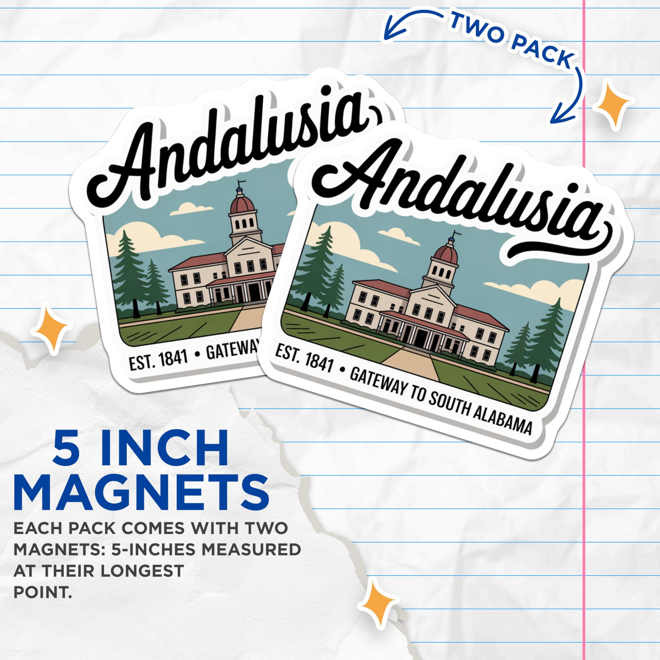 (2 Pack) Andalusia Magnets - Alabama Travel Souvenir - South Alabama Decor - 5" On Longest Side - Premium Magnet - for Cars, Refrigerators, Toolboxes, Lockers - Made in USA - MAG17823